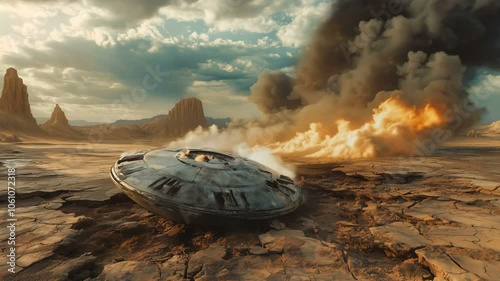 A captivating and futuristic UFO crash landing in a stunning desert landscape filled with dramatic elements