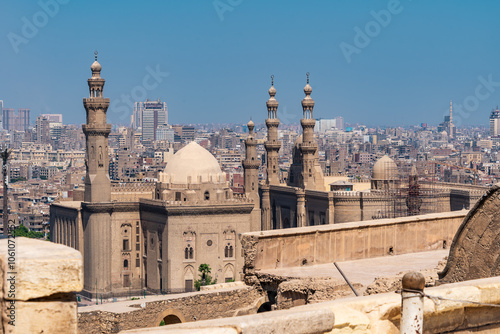 The Mosque-Madrassa of Sultan Hassan and The Al-Rifa’i Mosque, view from the Citadel of Cairo, Egypt. Travel and architecture. photo