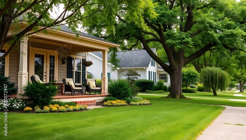 A picturesque suburban haven, where a charming home with a warm and inviting facade, boasts a cozy porch adorned with plush furniture.