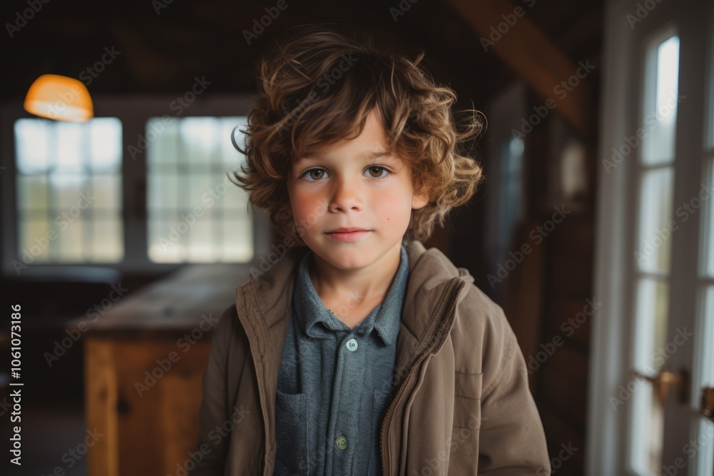 Portrait of a cute little boy with curly hair looking at camera