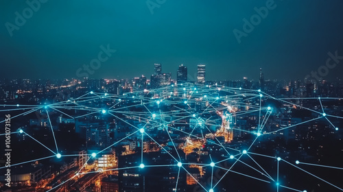 Wallpaper Mural Smart digital city with connection cyber security network reciprocity over the cityscape . future smart wireless digital city and social media networking systems that connects people within the city Torontodigital.ca