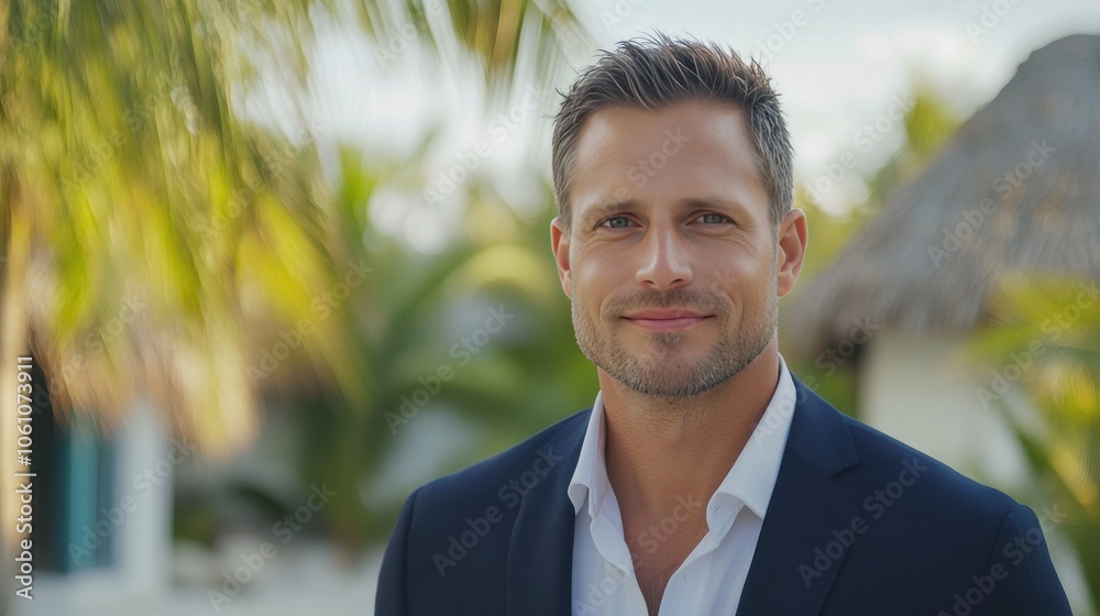 Confident Businessman Smiling in Tropical Paradise Setting Confident Businessman Smiling in Tropical Paradise Setting