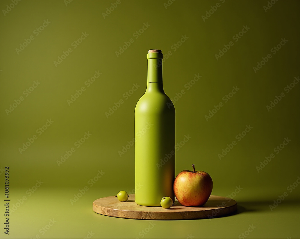 Green Glass Bottle and Red Apple in Dramatic Light with Dark Background Green Glass Bottle and Red Apple in Dramatic Light with Dark Background