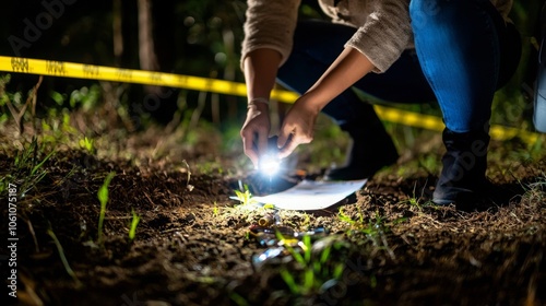 A person investigates a crime scene at night, using a flashlight to illuminate the ground. photo