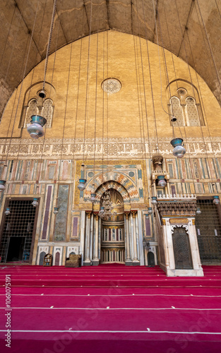 The mihrab and minbar inside the historic Sultan Hassan Mosque and Madrassa in Islamic Cairo, Egypt. 