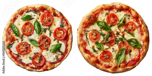Classic Italian Neapolitan Margherita Pizzas with Tomato Sauce Mozzarella Cheese and Basil Leaves Isolated on White Background Top View Fast Food Restaurant Menu Item Dinner Lunch Meal Italian
