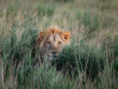 Young lion hiding in grass photo