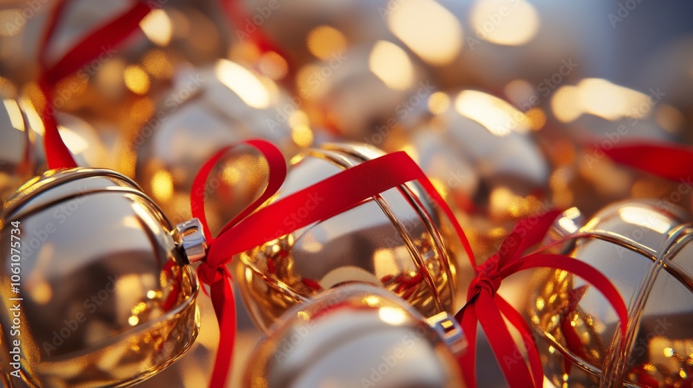 A picture of shiny gold bells with a red ribbon tied around them. The background is clear. A picture of shiny gold bells with a red ribbon tied around them. The background is clear.