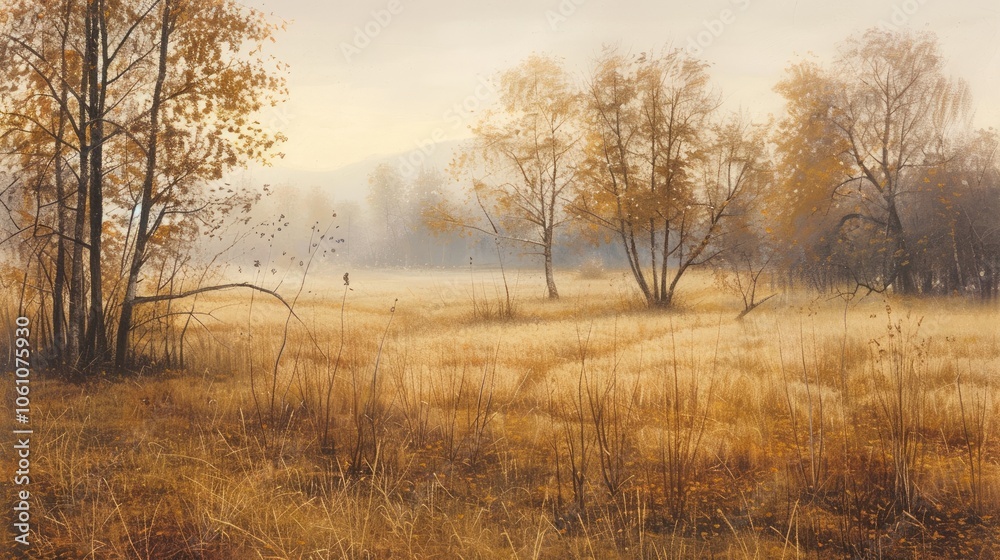 Autumn landscape with mist, bare trees, golden grass, and soft light. Autumn landscape with mist, bare trees, golden grass, and soft light.
