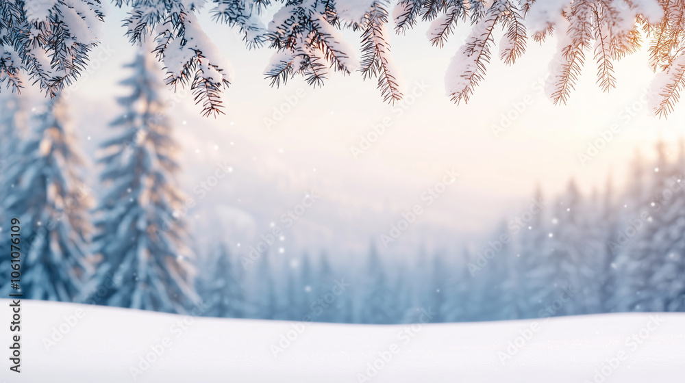 Fototapeta premium Winter Wonderland with Snowy Fir Branches and Misty Forest