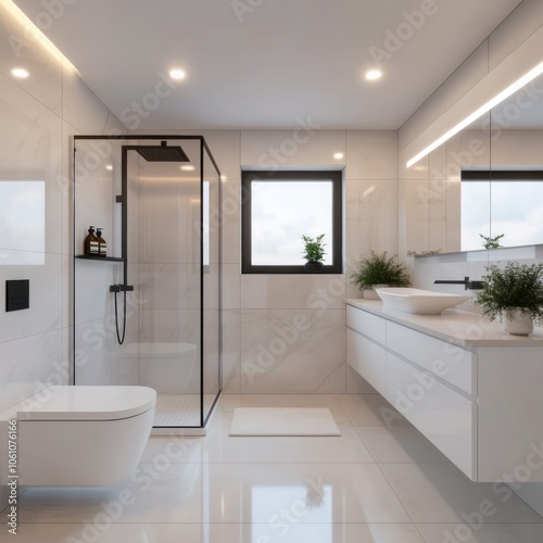 Modern bathroom with a glass shower enclosure, white vanity, and a window with a view of the outdoors.