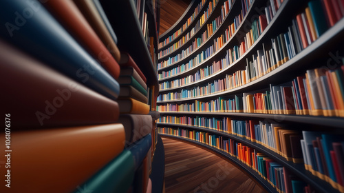 Vibrant Round Bookshelf in a Public Library with Colorful Books