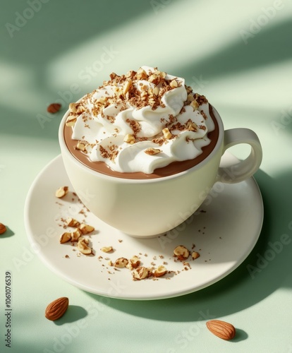 A creamy hot chocolate topped with whipped cream and almonds in sunlight