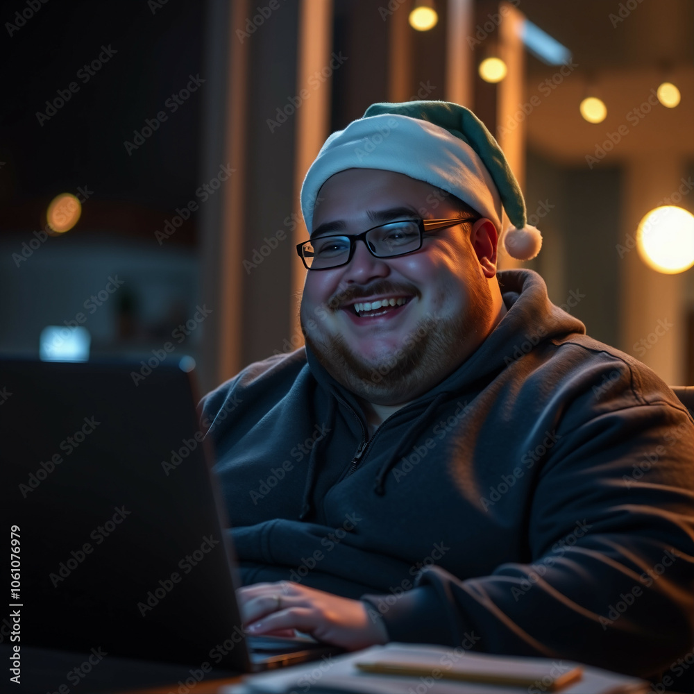 Gruby facet w czapce przed monitorem komputera