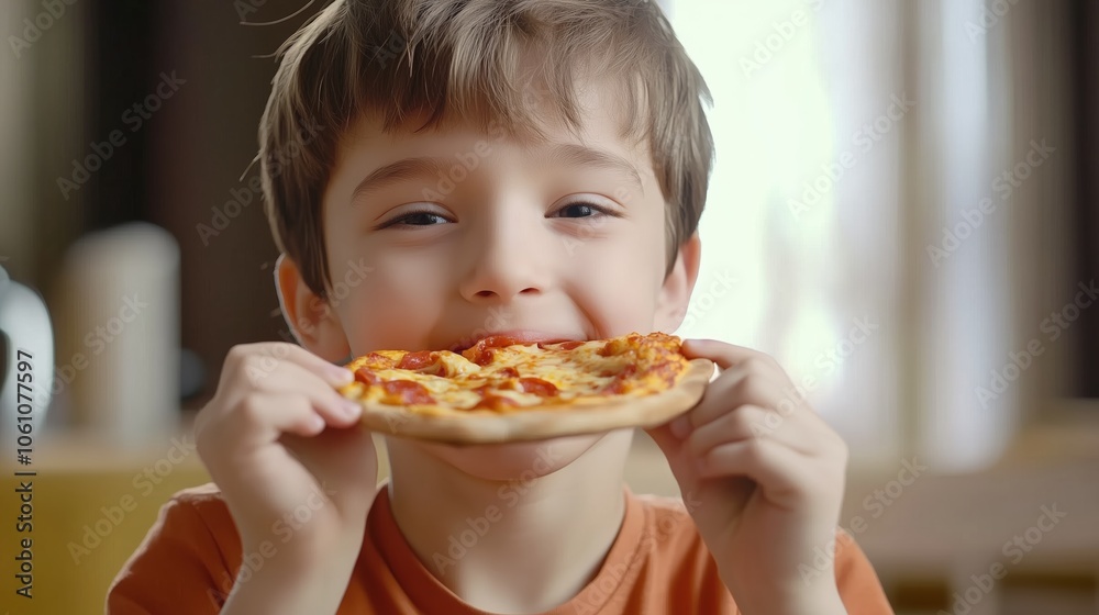 A young boy is happily enjoying a delicious slice of pizza A young boy is happily enjoying a delicious slice of pizza