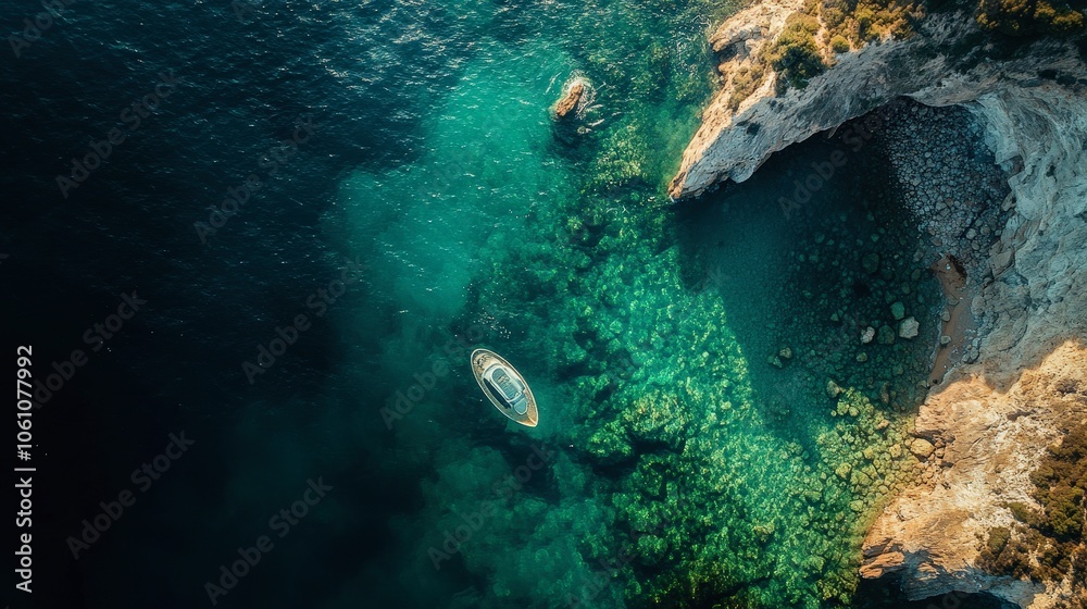 Aerial View of Clear Water and Boat in Wildlife Habitat Aerial View of Clear Water and Boat in Wildlife Habitat