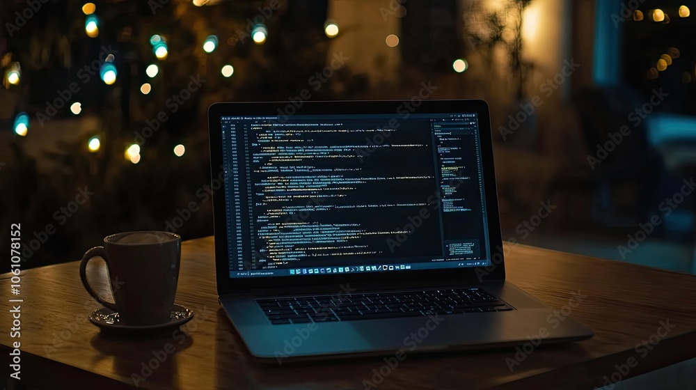 A laptop with code on the screen sits on a wooden table, with a mug of coffee and a blurry background of lights. A laptop with code on the screen sits on a wooden table, with a mug of coffee and a blurry background of lights.