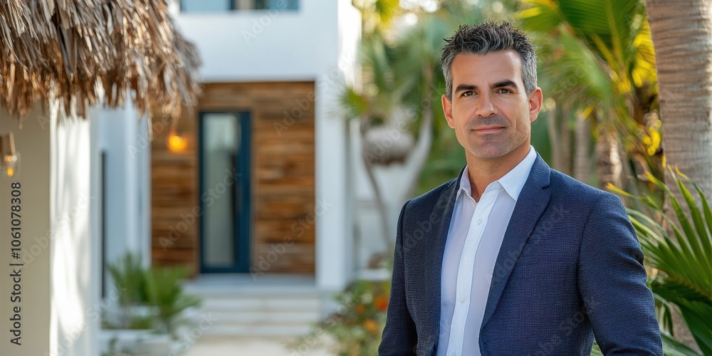 Confident Businessman in a Modern Tropical Setting
