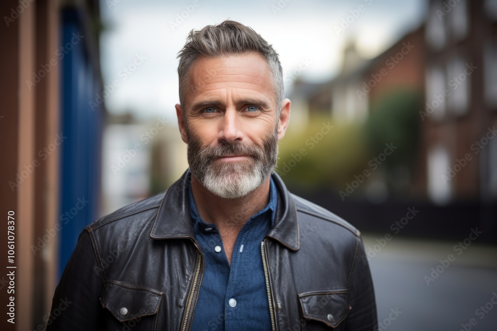Portrait of a handsome middle-aged man with gray beard wearing a leather jacket. Portrait of a handsome middle-aged man with gray beard wearing a leather jacket.