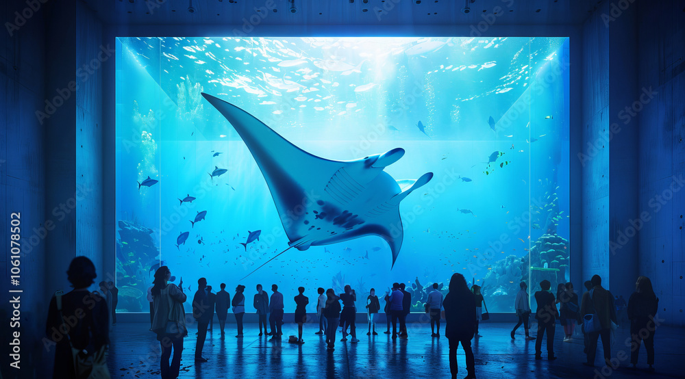 People enjoy marine underwater life in aquarium. Sharks whales Manta Rays and dolphins.