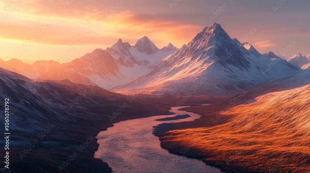 Fototapeta premium Serene Sunrise Over Snow-Capped Mountains