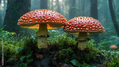 Two red and white spotted mushrooms with white dots growing on a bed of green moss in a misty forest.