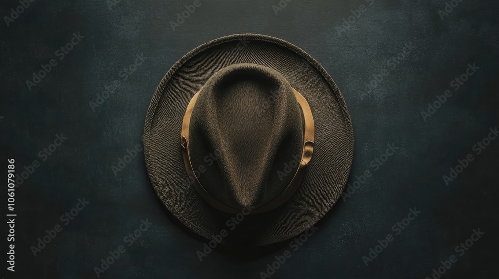 A classic fedora hat with a brown band sits on a dark blue surface. The hat is a timeless accessory that adds a touch of style to any outfit. A classic fedora hat with a brown band sits on a dark blue surface. The hat is a timeless accessory that adds a touch of style to any outfit.