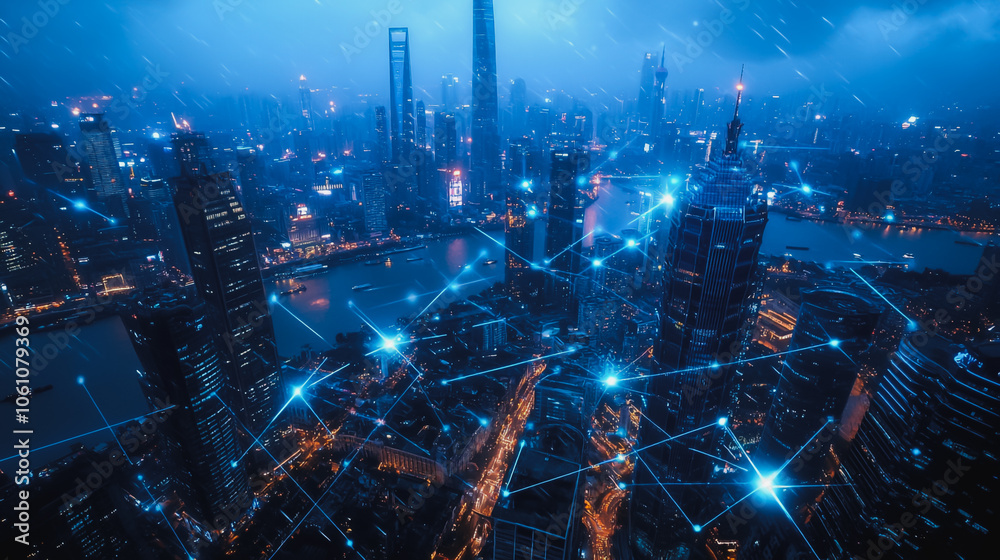 Smart digital city with connection cyber security network reciprocity over the cityscape . future smart wireless digital city and social media networking systems that connects people within the city Smart digital city with connection cyber security network reciprocity over the cityscape . future smart wireless digital city and social media networking systems that connects people within the city