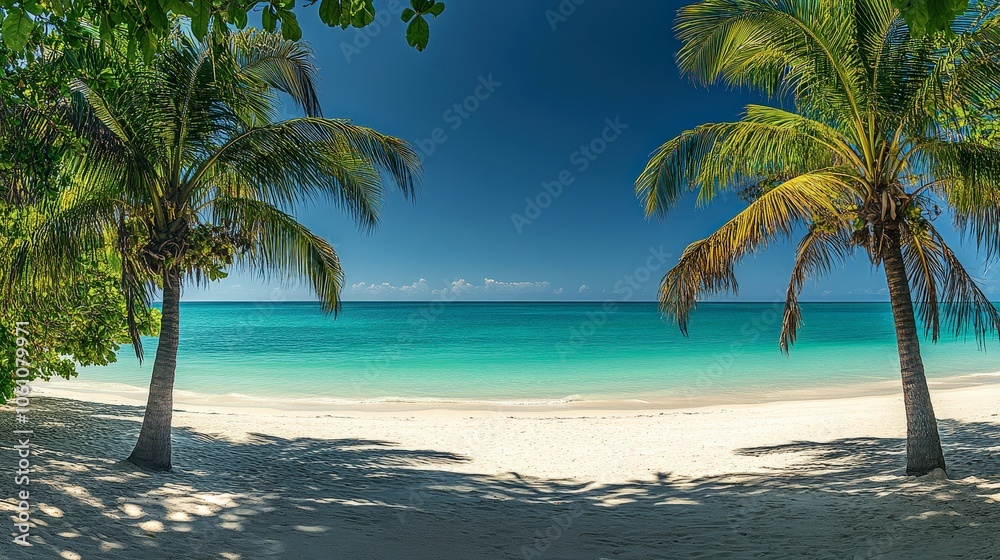 Fototapeta premium Pristine Tropical Beach with Palm Trees and Clear Water