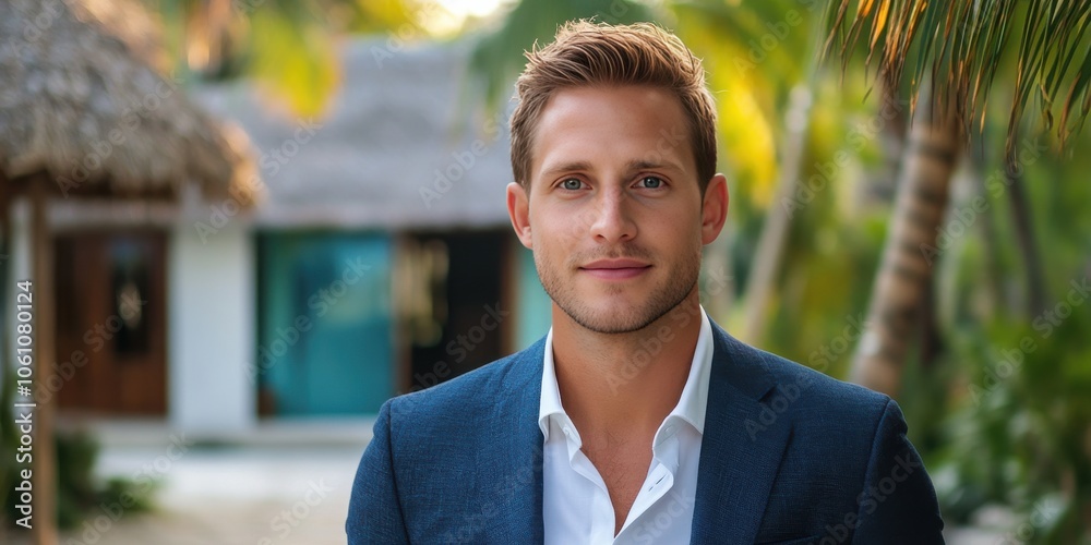 Confident Young Man in a Stylish Suit Against a Tropical Background Confident Young Man in a Stylish Suit Against a Tropical Background