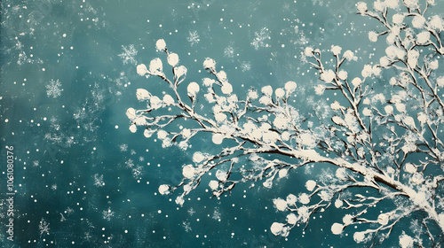 Winter scene with evergreen branches covered in snowflakes against a teal backdrop -