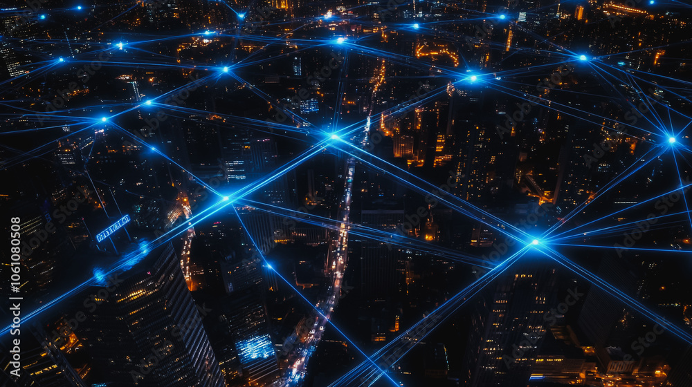 Smart digital city with connection cyber security network reciprocity over the cityscape . future smart wireless digital city and social media networking systems that connects people within the city