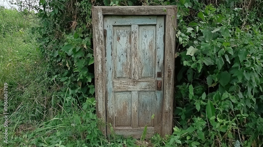 Weathered Rustic Door in Lush Overgrown Woodland Weathered Rustic Door in Lush Overgrown Woodland