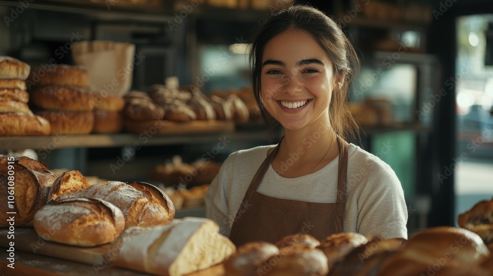 Smiling baker presenting fresh bread in a cozy bakery during the morning Smiling baker presenting fresh bread in a cozy bakery during the morning