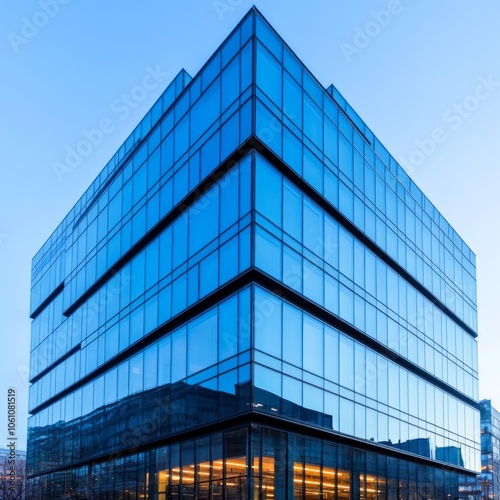 Modern glass office building with a blue sky background.