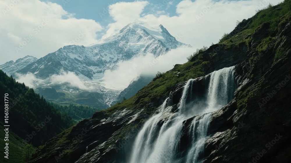 Waterfall cascading down a mountainside with a snow-capped peak in the background. Waterfall cascading down a mountainside with a snow-capped peak in the background.
