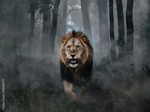 Lion Emerging from a Misty Forest