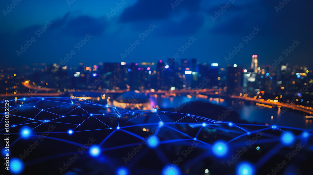 Smart digital city with connection cyber security network reciprocity over the cityscape . future smart wireless digital city and social media networking systems that connects people within the city Smart digital city with connection cyber security network reciprocity over the cityscape . future smart wireless digital city and social media networking systems that connects people within the city