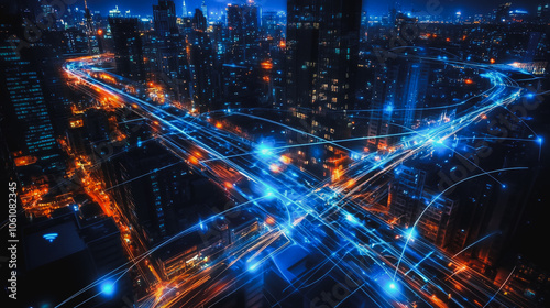 Smart digital city with connection cyber security network reciprocity over the cityscape . future smart wireless digital city and social media networking systems that connects people within the city