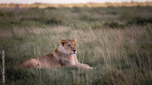 Lioness Resting in Grassy Field