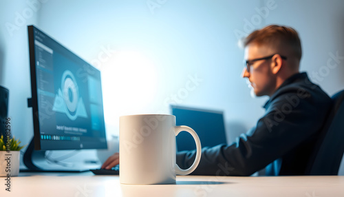 White mug mockup with man working on a computer isolated with white highlights, png photo