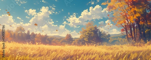 Beautiful anime-style illustration of a rural meadow on an autumn day