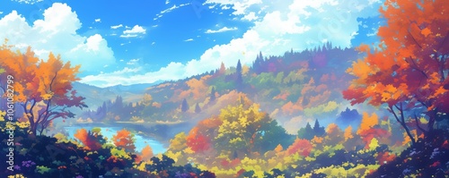 Beautiful anime-style illustration of a mountain valley with colorful autumn foliage photo