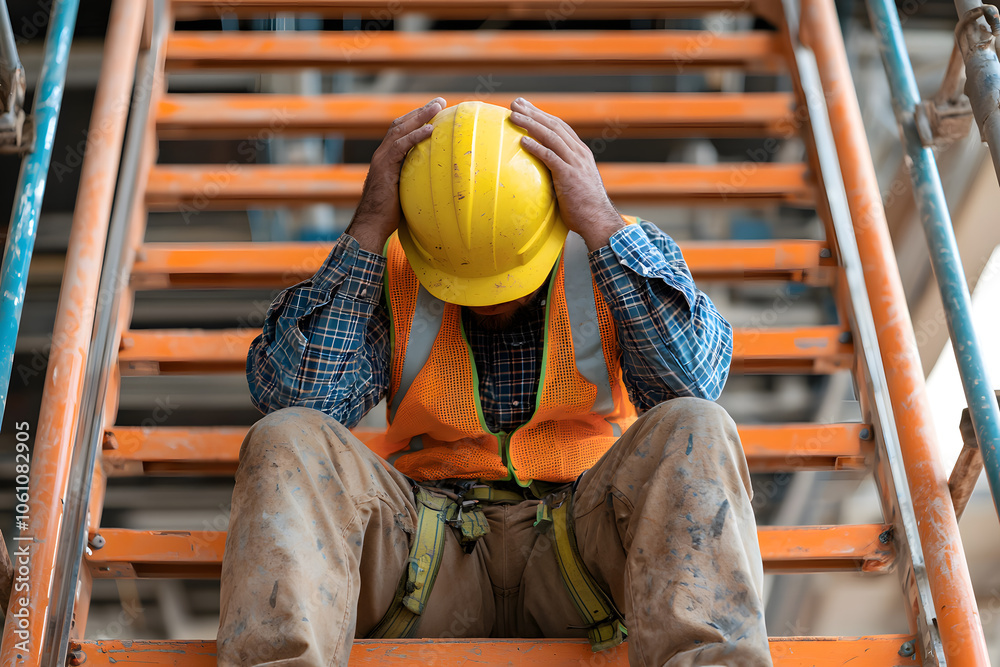 Sad Construction Worker Sitting on Metal Stairs at Work Holding Head | Stress, Fatigue, Mental Health in Construction, Challenges Faced by Workers Sad Construction Worker Sitting on Metal Stairs at Work Holding Head | Stress, Fatigue, Mental Health in Construction, Challenges Faced by Workers