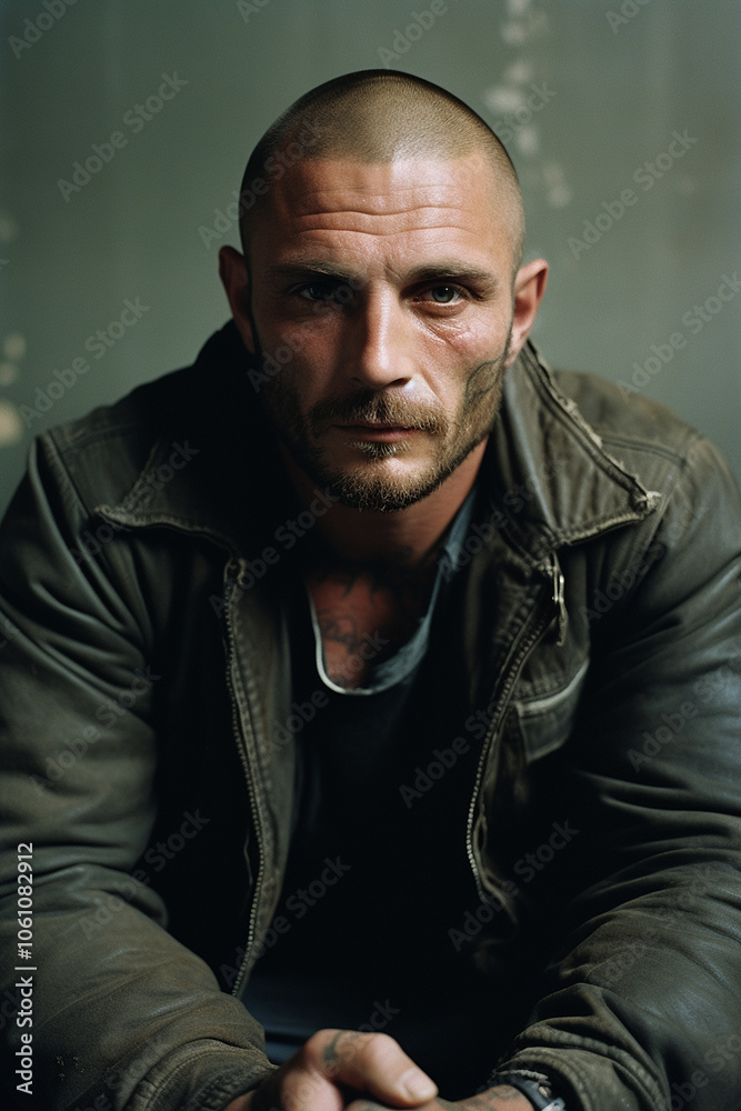 Man with stubble and short buzz cut hair, possibly a criminal, drug addict or homeless, looking intensely at the camera