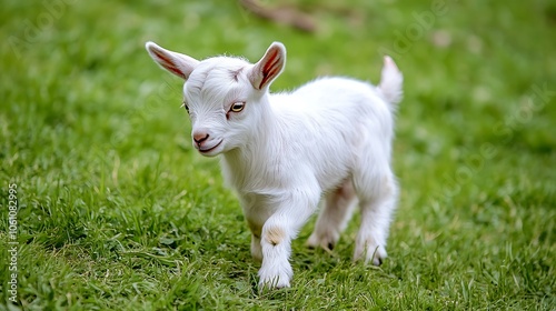 A newborn baby goat standing on a grassy field, its small, delicate features and playful stance depicted in a raw, natural environment, illustrating the early stages of life in the wild