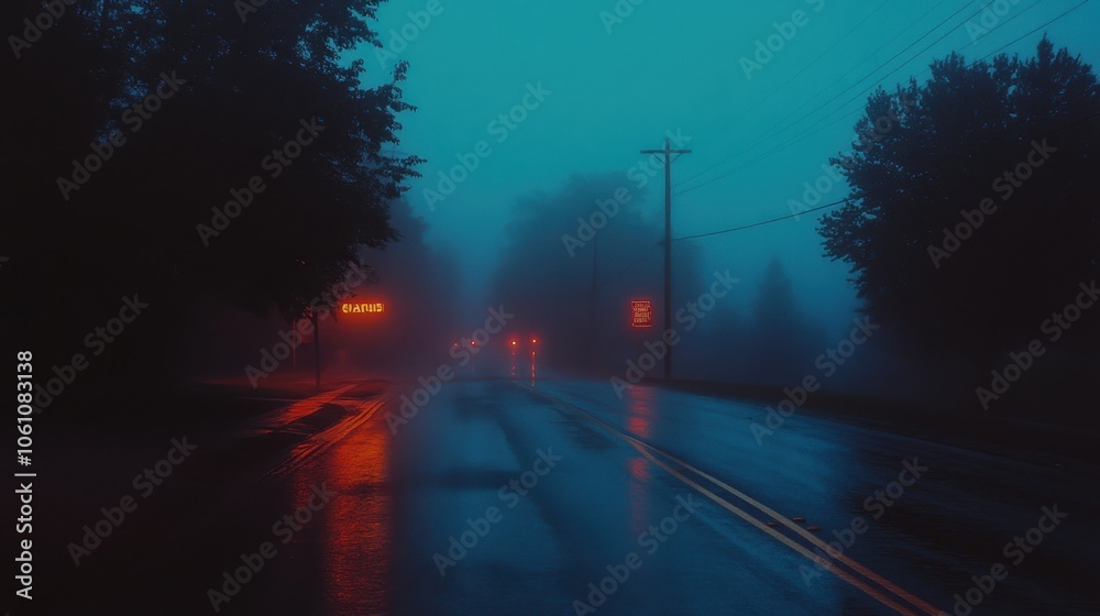 Eerie Fog Shrouds Abandoned Country Road at Night Eerie Fog Shrouds Abandoned Country Road at Night