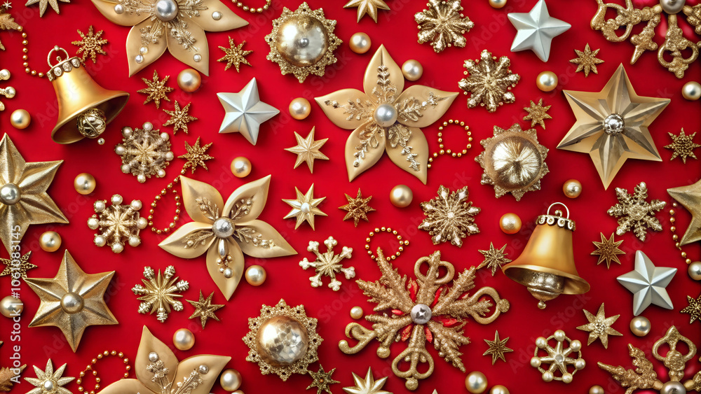 Festive gold and red christmas decorations with stars and bells on red background Festive gold and red christmas decorations with stars and bells on red background
