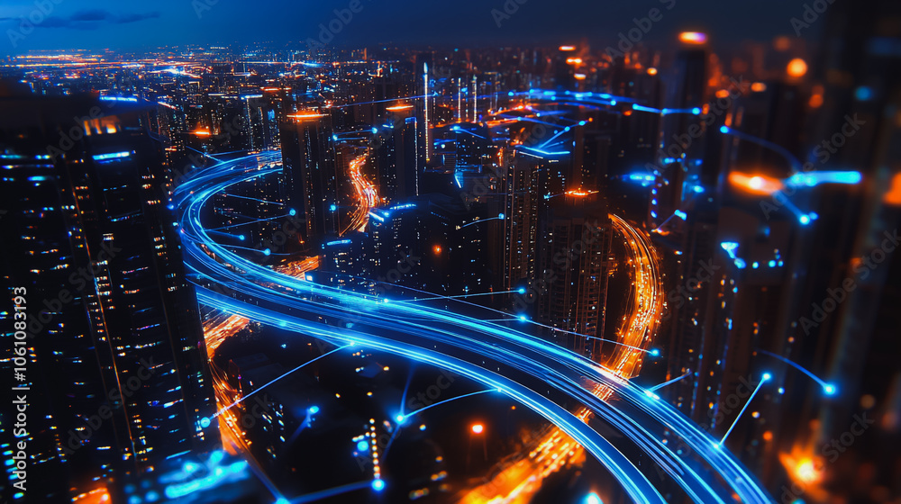 Smart digital city with connection cyber security network reciprocity over the cityscape . future smart wireless digital city and social media networking systems that connects people within the city