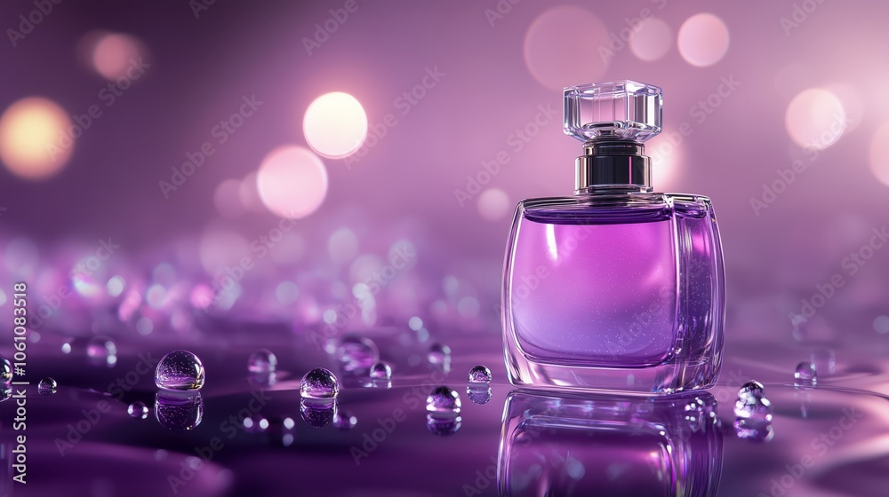 A bottle of purple perfume rests on a purple surface with drops A bottle of purple perfume rests on a purple surface with drops